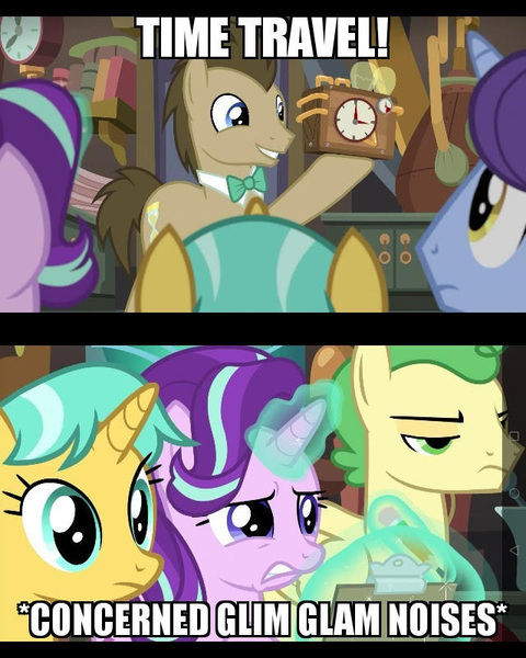 Size: 640x800 | Tagged: safe, derpibooru import, edit, edited screencap, screencap, citrine spark, doctor whooves, fire quacker, huckleberry, november rain, starlight glimmer, time turner, earth pony, pegasus, pony, unicorn, a horse shoe-in, clipboard, clock, concerned, descriptive noise, eyes half closed, field trip, friendship student, glim glam, glowing horn, horn, horse noises, levitation, magic, magic aura, pencil, smiling, telekinesis, text, time travel