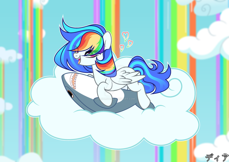 Size: 1920x1364 | Tagged: safe, artist:dianamur, derpibooru import, oc, pegasus, pony, shark, deviantart watermark, female, mare, obtrusive watermark, plushie, rainbow waterfall, solo, watermark