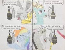 Size: 2805x2148 | Tagged: safe, artist:don2602, derpibooru import, discord, rainbow dash, zecora, zephyr breeze, draconequus, pegasus, pony, zebra, comic:g4 we are the world, end of ponies, eyes closed, looking up, microphone, raised hoof, recording, song reference, traditional art, we are the world