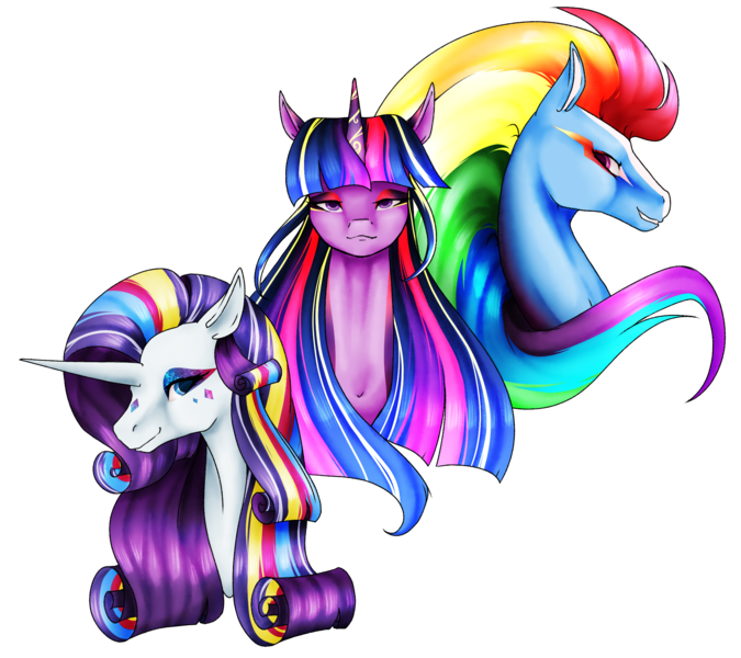 Size: 2388x2122 | Tagged: safe, artist:oneiria-fylakas, derpibooru import, rainbow dash, rarity, twilight sparkle, pony, bust, portrait, rainbow power, simple background, transparent background