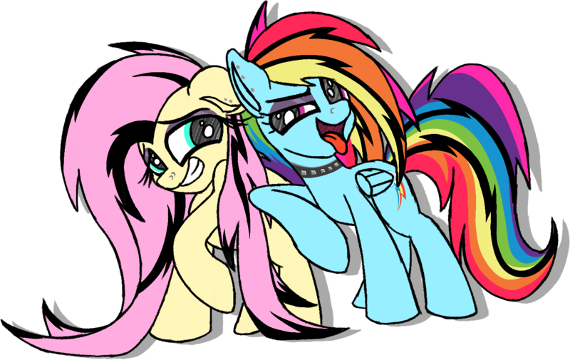 Size: 1462x922 | Tagged: safe, artist:sweetbrew, derpibooru import, fluttershy, rainbow dash, pony, goth, punk