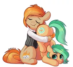 Size: 1145x1055 | Tagged: safe, artist:survya, derpibooru import, oc, oc:minty pop, oc:parlay, unofficial characters only, earth pony, pony, butt, butthug, clothes, faceful of ass, female, freckles, hug, lesbian, mare, necktie, oc x oc, parpop, shipping, tell me your secrets, vest