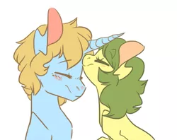 Size: 500x395 | Tagged: safe, artist:laceymod, derpibooru import, oc, oc:invidia, oc:sandy shores, unofficial characters only, earth pony, pony, unicorn, female, kissing, mare