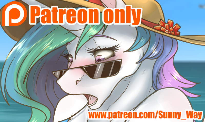 Size: 1672x1000 | Tagged: advertisement, alicorn, anthro, artist:sunny way, beach, blushing, derpibooru import, hat, horn, open mouth, patreon, patreon exclusive ad, patreon logo, patreon preview, paywall content, princess celestia, rcf community, safe, solo, sunglasses, sunny