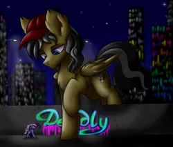 Size: 2000x1700 | Tagged: safe, artist:hydrargyrum, derpibooru import, oc, oc:small block, oc:windbreaker, pegasus, pony, city, giant pony, hat, looking down, macro, night, windblock