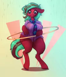 Size: 1860x2163 | Tagged: suggestive, artist:woofmaple, derpibooru import, oc, unofficial characters only, anthro, unguligrade anthro, anthro oc, big breasts, breasts, clothes, female, floppy ears, freckles, hoola hoop, hoop, shirt, simple background, smiling, solo, tongue out