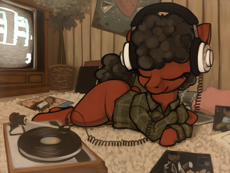 Size: 2074x1562 | Tagged: safe, artist:marsminer, derpibooru import, oc, unofficial characters only, pony, 80s, afro, clothes, curly hair, curly mane, female, headphones, isaac hayes, mare, michael jackson, quincy jones, record player, records, solo, television