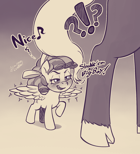 Size: 1227x1351 | Tagged: suggestive, artist:soulcentinel, derpibooru import, cozy glow, lord tirek, centaur, pegasus, pony, blushing, butt, cloven hooves, cozirek, female, filly, interspecies, lewd, male, monochrome, plot, sexual harassment, shipping, size difference, smiling, spread wings, straight, teasing, text, tirump, wingboner, wings