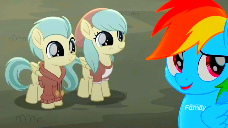 Size: 1366x768 | Tagged: safe, color edit, derpibooru import, edit, edited screencap, screencap, barley barrel, pickle barrel, rainbow dash, pegasus, pony, rainbow roadtrip, barleybetes, barrel twins, barrelbetes, beanie, brother and sister, clothes, colored, colt, cute, discovery family logo, female, filly, hat, hoodie, male, mare, picklebetes, puppy dog eyes, saturated, siblings, trio, twins