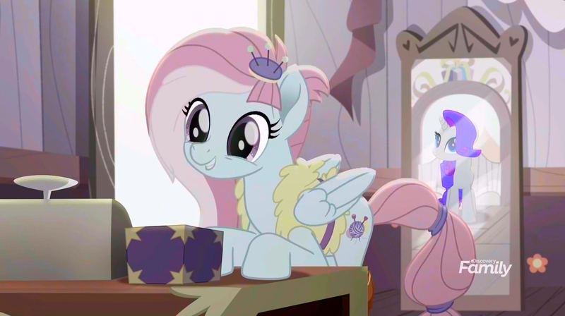 Size: 1916x1072 | Tagged: safe, color edit, derpibooru import, edit, edited screencap, screencap, kerfuffle, rarity, pegasus, pony, unicorn, rainbow roadtrip, amputee, box, colored, mirror, prosthetic leg, prosthetic limb, prosthetics, saturated