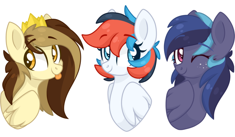 Size: 3500x2048 | Tagged: safe, artist:cinnamontee, derpibooru import, oc, oc:nova, oc:prince whateverer, oc:retro city, unofficial characters only, pegasus, pony, bust, crown, cute, eyebrows visible through hair, female, jewelry, male, mare, one eye closed, portrait, regalia, simple background, stallion, tongue out, transparent background, wink