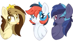 Size: 3500x2048 | Tagged: safe, artist:cinnamontee, derpibooru import, oc, oc:nova, oc:prince whateverer, oc:retro city, unofficial characters only, pegasus, pony, bust, crown, cute, eyebrows visible through hair, female, jewelry, male, mare, one eye closed, portrait, regalia, simple background, stallion, tongue out, transparent background, wink