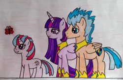 Size: 1024x665 | Tagged: safe, artist:dragonpriness, derpibooru import, flash sentry, twilight sparkle, twilight sparkle (alicorn), oc, oc:twila, alicorn, butterfly, pegasus, pony, unicorn, family, female, filly, flashlight, image, jpeg, male, mare, offspring, parent:flash sentry, parent:twilight sparkle, parents:flashlight, princess shoes, shipping, stallion, straight, traditional art