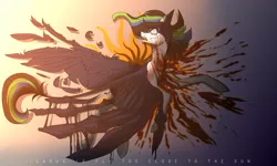 Size: 4321x2593 | Tagged: semi-grimdark, artist:plushielover, derpibooru import, oc, oc:dyson, unofficial characters only, pegasus, pony, backstory, blood, damaged wings, dragon age: inquisition, icarus, inquisitor, not dead, solo, sun, text