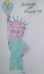 Size: 996x1665 | Tagged: safe, artist:pabrony83, derpibooru import, pinkie pie, human, equestria girls, balloon, smiling, solo, statue of liberty, traditional art