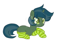 Size: 1280x937 | Tagged: safe, artist:magicdarkart, derpibooru import, oc, pony, unicorn, clothes, colored pupils, deviantart watermark, female, mare, obtrusive watermark, prone, simple background, socks, solo, striped socks, transparent background, watermark