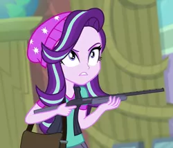 Size: 700x600 | Tagged: safe, derpibooru import, edit, edited screencap, editor:ah96, screencap, starlight glimmer, equestria girls, mirror magic, spoiler:eqg specials, bag, beanie, cropped, delet this, female, gun, hat, ranged weapon, reaction image, shotgun, solo, this will end in communism, weapon