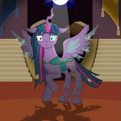 Size: 805x805 | Tagged: alicorn, artist:mlpconjoinment, changeling, changelingified, changeling queen, derpibooru import, fanfic, fanfic art, fanfic cover, female, full moon, fusion, heterochromia, hybrid, moon, queen chrysalis, queen twilight, raised hoof, safe, shadow, solo, species swap, this will not end well, twilight sparkle, twilight sparkle (alicorn), twiling, we have become one, worried