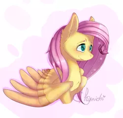 Size: 2360x2265 | Tagged: safe, artist:chunichichuni, derpibooru import, fluttershy, butterfly, pegasus, pony, abstract background, blushing, bust, chest fluff, cute, ear fluff, female, looking at something, mare, shyabetes, smiling, solo, spread wings, three quarter view, wings