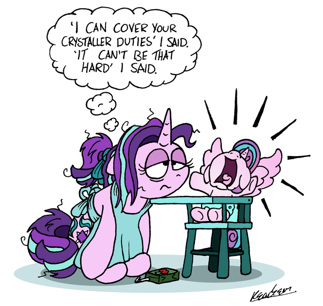 Size: 2155x2044 | Tagged: safe, artist:bobthedalek, derpibooru import, princess flurry heart, starlight glimmer, alicorn, pony, unicorn, apron, atg 2019, auntie starlight, bags under eyes, clothes, crying, didn't think this through, duo, female, filly, highchair, instant regret, juice, juice box, messy mane, newbie artist training grounds, reality ensues, regret, screaming, thought bubble, tired