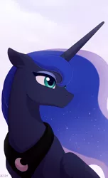 Size: 960x1580 | Tagged: safe, artist:akeahi, derpibooru import, princess luna, alicorn, pony, beautiful, cropped, cute, ethereal mane, eyeshadow, female, floppy ears, flowing mane, folded wings, frown, looking away, lunabetes, makeup, mare, missing accessory, solo, wings