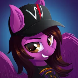 Size: 3000x3000 | Tagged: safe, artist:ask-colorsound, derpibooru import, ponified, pegasus, pony, bust, cap, clothes, commission, grin, hair over one eye, hat, looking at you, male, nose piercing, pierce the veil, piercing, shirt, smiling, smug, solo, spread wings, stallion, vic fuentes, wings, ych result