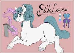 Size: 3507x2530 | Tagged: safe, artist:longinius, derpibooru import, oc, oc:silk lace, unofficial characters only, pony, unicorn, cutie mark, female, magic, mare, pencil, reference sheet, simple background, sketchpad, solo, tail wrap, telekinesis, text, underhoof