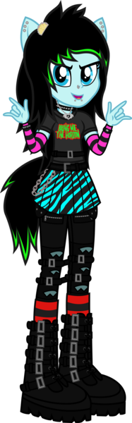 Size: 854x2733 | Tagged: safe, artist:lightningbolt, derpibooru import, oc, oc:scene chick, unofficial characters only, human, equestria girls, arm warmers, belt, boots, bring me the horizon, chains, choker, clothes, devil horn (gesture), drop dead clothing, dyed hair, ear piercing, earring, equestria girls-ified, eyeliner, female, hairpin, humanized, jeans, jewelry, leg warmers, linkin park, looking at you, makeup, necklace, nose piercing, open mouth, pants, piercing, pleated skirt, ponied up, pony ears, ripped jeans, scene, shirt, shoes, simple background, skirt, snake bites, solo, spiked choker, straps, t-shirt, tailed humanization, tights, transparent background, vector, wristband