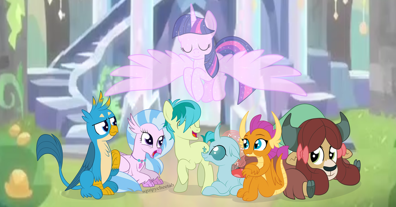 Size: 3902x2043 | Tagged: safe, artist:squipycheetah, derpibooru import, gallus, ocellus, sandbar, silverstream, smolder, tree of harmony, twilight sparkle, twilight sparkle (alicorn), yona, alicorn, changedling, changeling, dragon, earth pony, gryphon, hippogriff, pony, yak, uprooted, angel, crossed arms, crossed hooves, cute, daaaaaaaaaaaw, diaocelles, diastreamies, eyes closed, folded wings, gallabetes, guardian angel, happy, jewelry, large wings, laughing, looking back, looking up, monkey swings, necklace, open mouth, sandabetes, signature, sitting, smolderbetes, sparkles, spirit, spread wings, student six, sweet dreams fuel, teenaged dragon, teenager, transparent, treehouse of harmony, treelight sparkle, watermark, wings, yonadorable