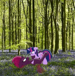 Size: 3331x3351 | Tagged: safe, artist:ejlightning007arts, derpibooru import, tempest shadow, twilight sparkle, twilight sparkle (alicorn), alicorn, pony, beautiful, broken horn, eye scar, female, floppy ears, flower, forest, horn, lesbian, looking at each other, lying down, photoshop, pinned, scar, shipping, tempestlight, tree, wood
