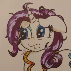 Size: 2232x2240 | Tagged: safe, artist:iffoundreturntorarity, derpibooru import, rarity, pony, atg 2019, exhausted, floppy ears, measuring tape, messy mane, newbie artist training grounds, tired, traditional art