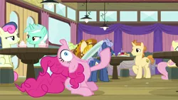 Size: 1920x1080 | Tagged: safe, derpibooru import, screencap, bon bon, fluttershy, golden crust, lyra heartstrings, midnight snack (character), pinkie pie, sweetie drops, pony, a trivial pursuit, baked goods, eating, faic, friendship student, great moments in animation, jesus christ how horrifying, open mouth, plate, stuffing, wide eyes