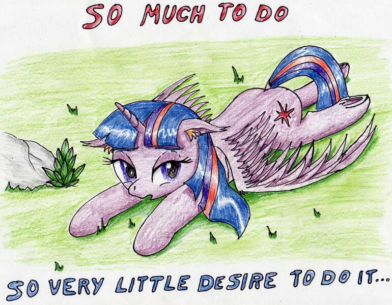 Size: 2819x2196 | Tagged: safe, artist:40kponyguy, derpibooru import, twilight sparkle, twilight sparkle (alicorn), alicorn, pony, ear fluff, floppy ears, grass, lazy, looking at you, procrastination, relatable, solo, spread wings, tired, traditional art, underhoof, wings