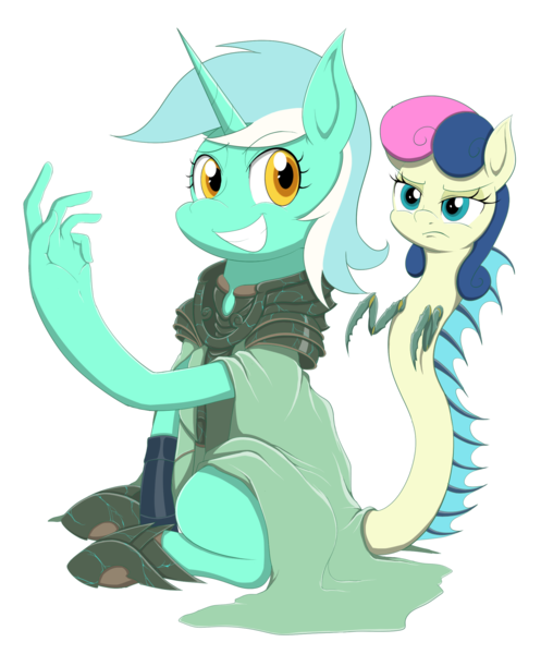 Size: 3000x3619 | Tagged: armor, artist:janji009, bon bon, bon bon is not amused, card game, clothes, crossover, derpibooru import, female, fusion, hand, lyra heartstrings, magic the gathering, mare, monster mare, mutant, part of a series, part of a set, ravnica, robe, safe, simic combine, simple background, species swap, sweetie drops, that pony sure does love hands, transparent background, unamused