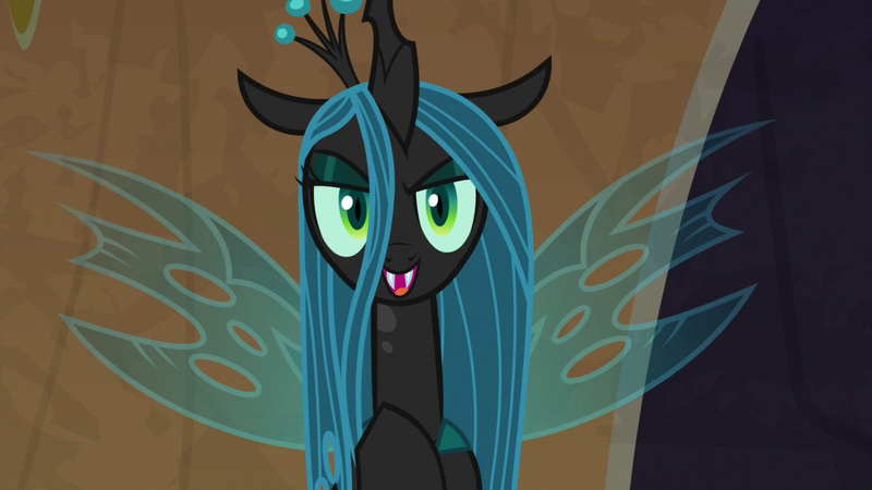 Size: 1920x1080 | Tagged: changeling, changeling queen, crown, derpibooru import, evil lair, eyeshadow, fangs, female, former queen chrysalis, frenemies (episode), grogar's lair, insect wings, jewelry, lair, makeup, quadrupedal, queen chrysalis, regalia, safe, screencap, slit eyes, solo, spread wings, wings