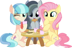 Size: 8848x5961 | Tagged: safe, artist:cyanlightning, derpibooru import, coco pommel, fluttershy, marble pie, earth pony, pegasus, pony, .svg available, absurd resolution, blushing, burger, chest fluff, chocolate, cocobetes, coffee cup, cup, cute, ear fluff, eating, eclair, female, folded wings, food, hair, hay burger, holding, marblebetes, mare, one eye closed, open mouth, shyabetes, simple background, sitting, table, the council of shy ponies, transparent background, trio, trio female, vector, wings, wink