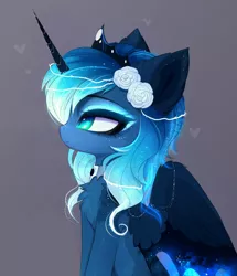 Size: 1550x1804 | Tagged: safe, artist:magnaluna, derpibooru import, princess luna, alicorn, pony, chest fluff, crown, cute, ear fluff, female, flower, flower in hair, gray background, heart, jewelry, lunabetes, mare, profile, regalia, rose, simple background, solo, wing fluff