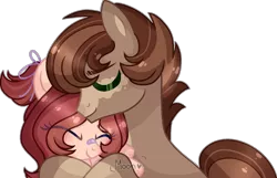 Size: 1280x825 | Tagged: safe, artist:moon-rose-rosie, derpibooru import, oc, oc:chocolate sprinkles, oc:vanilla flan, pony, bandaid, blushing, eyes closed, female, filly, hair over one eye, hug, male