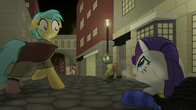 Size: 1920x1080 | Tagged: safe, artist:eagle1division, derpibooru import, rarity, oc, pony, a world apart, fanfic:tapestry: a world apart, alternate timeline, alternate universe, breath, city, cloak, clothes, cobblestone street, cold, confused, dress, fanfic art, floppy ears, lamppost, lidded eyes, open mouth, scared, scuff mark, shirt, shoes, socks, street, striped socks