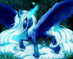 Size: 480x386 | Tagged: safe, artist:thewickedvix, derpibooru import, princess luna, pony, alternate design, animated, smiling, solo, spread wings, wings