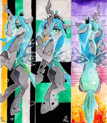 Size: 1024x1180 | Tagged: safe, artist:lailyren, artist:moonlight-ki, derpibooru import, queen chrysalis, changeling, changeling queen, bookmark, female, smiling, solo, tongue out, traditional art, watercolor painting