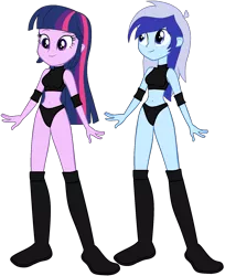 Size: 1280x1568 | Tagged: safe, artist:invisibleink, artist:marcusvanngriffin, deleted from derpibooru, derpibooru import, minuette, twilight sparkle, equestria girls, belly button, boots, clothes, elbow pads, female, knee pads, midriff, shoes, simple background, sports, sports bra, sports panties, transparent background, vector, wrestler, wrestling