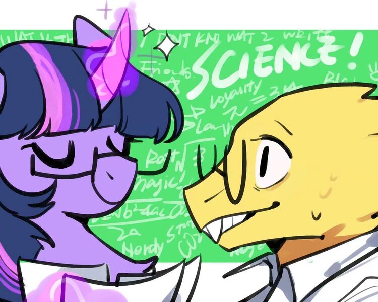 Size: 1280x1024 | Tagged: alphys, artist:snowillusory, crossover, derpibooru import, duo, eyes closed, glasses, magic, safe, twilight sparkle, undertale