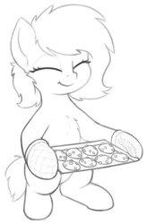 Size: 526x805 | Tagged: safe, artist:smoldix, derpibooru import, oc, oc:anonfilly, unofficial characters only, earth pony, pony, bipedal, chest fluff, cookie, cute, eyes closed, female, filly, food, hoof hold, ocbetes, oven mitts, simple background, sketch, smiling, solo, tray, white background