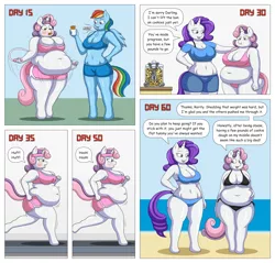 Size: 2300x2200 | Tagged: suggestive, artist:lordstormcaller, derpibooru import, rainbow dash, rarity, sweetie belle, anthro, unguligrade anthro, unicorn, adorafatty, beach, bikini, bikini bottom, bikini top, blowing whistle, blushing, bra, breasts, busty rarity, busty sweetie belle, chubbie belle, chubby, chubby cheeks, cleavage, clothes, coach rainbow dash, comic, crop top bra, cute, dialogue, diet, exercise, fast food, fat, female, females only, food, french fries, happy, jump rope, my little diet, need to go on a diet, need to lose weight, obese, overweight, panties, pink underwear, puffy cheeks, short shirt, smiling, sports, sports bra, sweetie belly, swimsuit, that pony sure does love cookies, that pony sure does love whistles, tired, underwear, weight loss, whistle, whistle necklace, workout, workout outfit