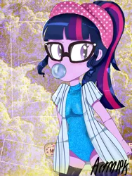 Size: 1800x2400 | Tagged: safe, artist:artmlpk, derpibooru import, sci-twi, twilight sparkle, equestria girls, adorkable, alternate costumes, baseball, baseball bat, baseball cap, blowing bubbles, blushing, boots, bubblegum, cap, clothes, cute, design, dork, female, food, glasses, gum, hat, leotard, ponytail, shoes, solo, sports, sweater, turtleneck, twiabetes