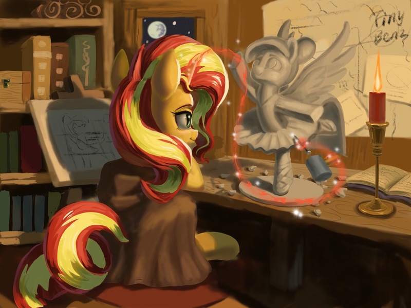 Size: 2048x1536 | Tagged: safe, artist:tinybenz, derpibooru import, sunset shimmer, twilight sparkle, twilight sparkle (alicorn), alicorn, pony, unicorn, ballerina, book, bookshelf, candle, chisel, cloak, clothes, craft, glowing horn, hammer, horn, magic, sculpture, smiling, solo, study, telekinesis, tutu, twilarina