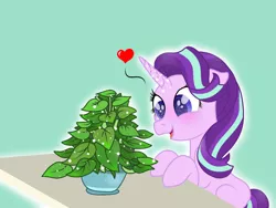 Size: 1024x768 | Tagged: safe, artist:delfinaluther, derpibooru import, phyllis, starlight glimmer, pony, unicorn, a horse shoe-in, cargo ship, colored pupils, cute, floating heart, glimmerbetes, heart, phylliglimmer, potted plant, shipping, solo
