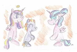 Size: 1794x1220 | Tagged: safe, artist:ptitemouette, derpibooru import, princess cadance, princess flurry heart, oc, oc:eclipse, ghost, pony, undead, crying, female, halo, mother and child, mother and daughter, offspring, parent:oc:ballon frost cake, parent:oc:snowdrop, parents:oc x oc, traditional art