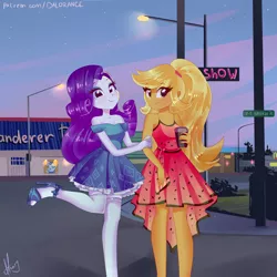 Size: 3000x3000 | Tagged: safe, artist:xjenn9, derpibooru import, applejack, rarity, equestria girls, clothes, coffee, cute, date, dress, female, food, high heels, jackabetes, lamppost, lesbian, night, ponytail, raribetes, rarijack, shipping, shoes, watermelon